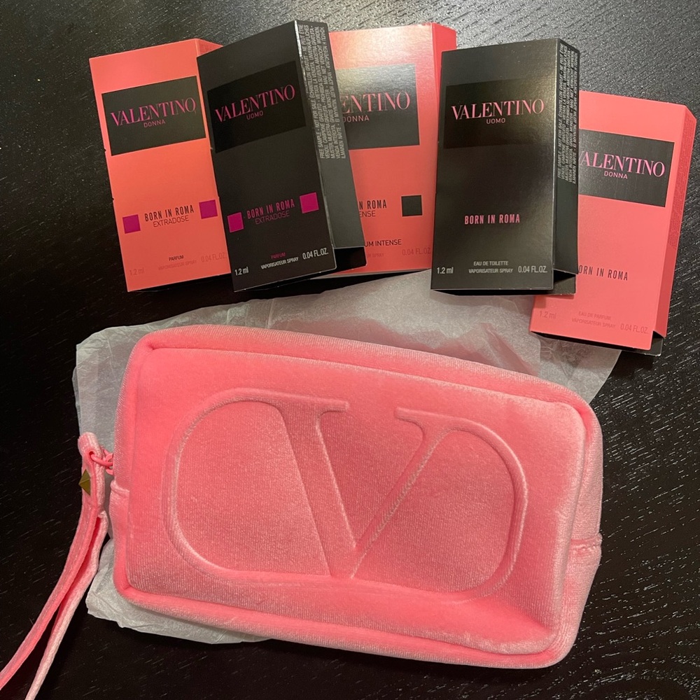 Valentino Pink Velvet V Logo Wristlet Cosmetic Pouch